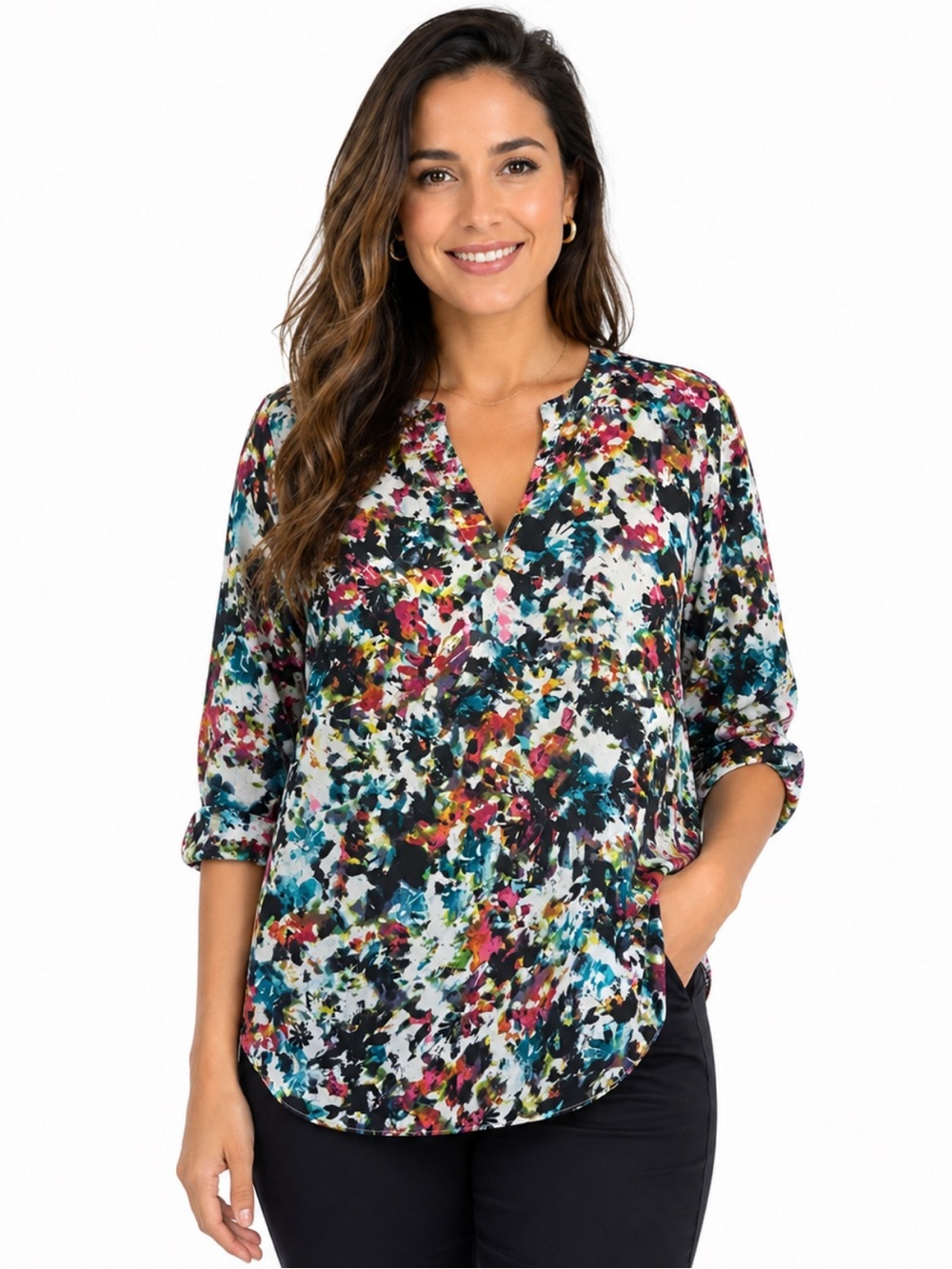 Decree Multicolor Abstract Floral Print Blouse 3/4 Sleeve - Size M